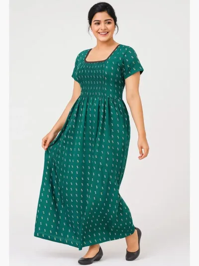 Women's Cotton Smocked Nighty – Green